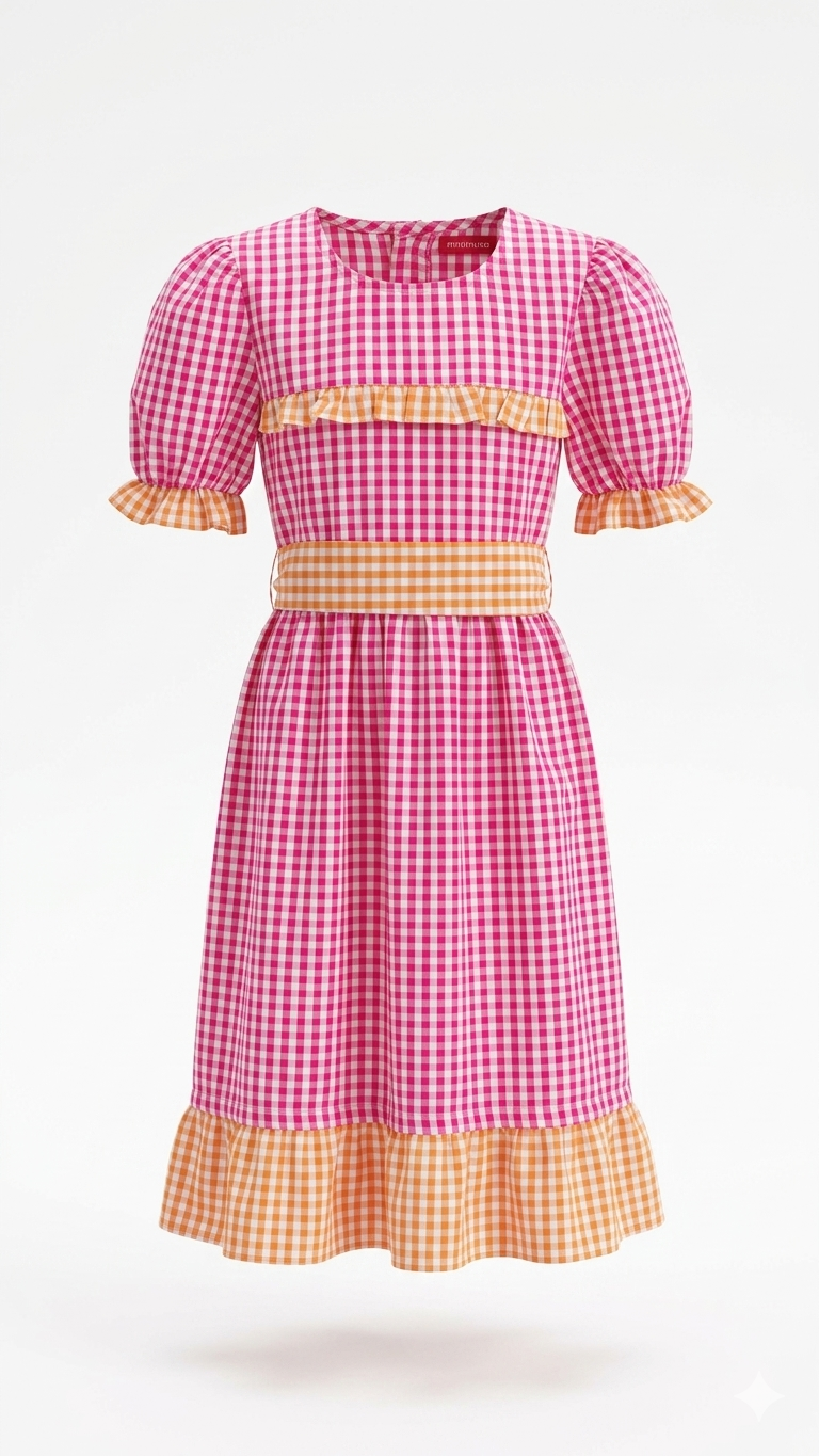 VESTIDO CHIQUINHA XADREZ PINK COM LARANJA