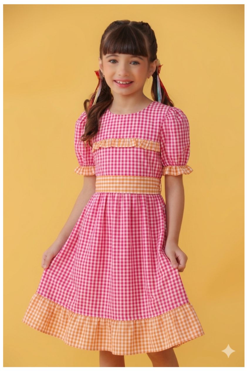 VESTIDO CHIQUINHA XADREZ PINK COM LARANJA